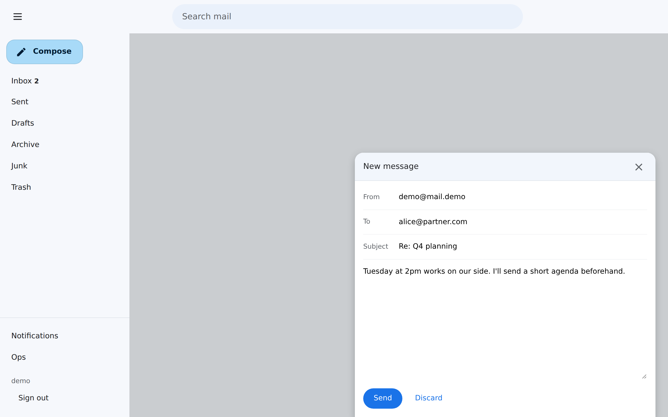 Mailstead compose window with an empty message on the demo domain.
