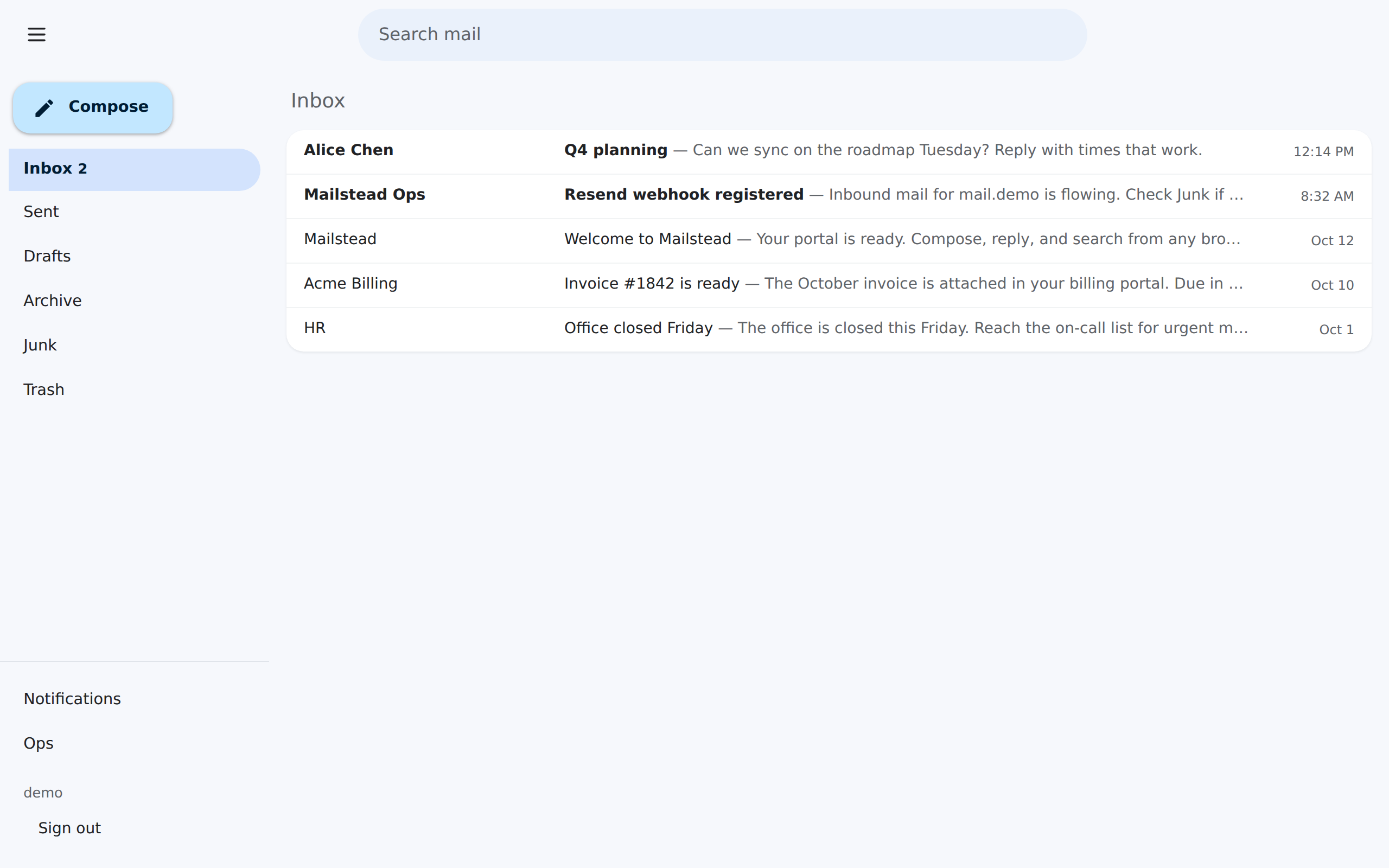Mailstead inbox showing fictional messages from Alice Chen, Mailstead Ops, Acme Billing, and HR.